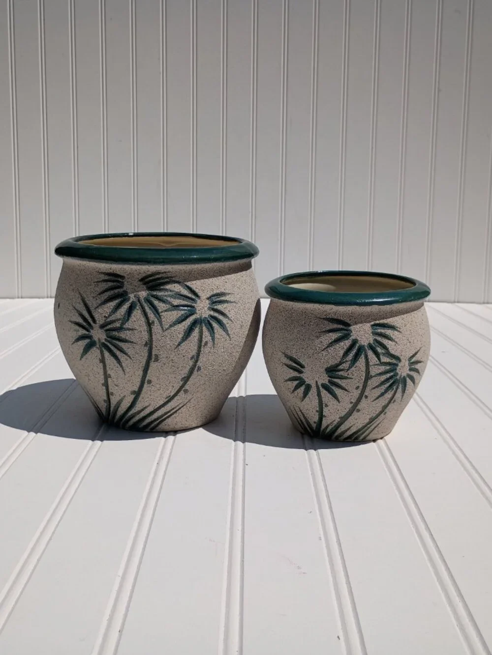 Vintage Pair of Pottery Planters Palm Tree Sandstone Glazed Ceramic Flower Pots